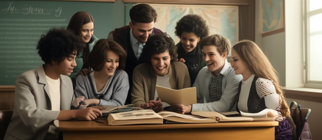 Grupo de alunos de diferentes idades e gerações reunidos em torno de uma antiga carteira escolar, olhando fotos e álbuns, rindo e compartilhando histórias, com um toque de nostalgia no ambiente.