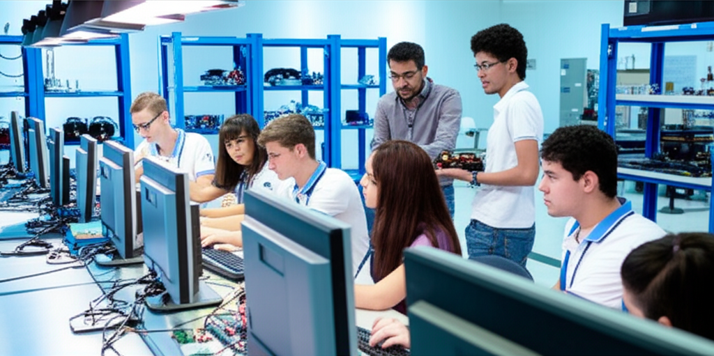 Grupo de estudantes informática ou robótica josefa, trabalhando projetos com equipamentos modernos.