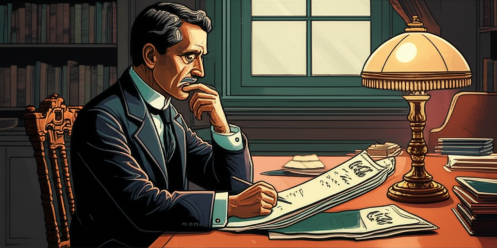 Ilustração de Asa Candler, um empresário do final do século XIX, sentado em uma mesa de escritório elegante, revisando documentos com o logo da Coca-Cola. O ambiente é formal, com móveis de madeira escura e iluminação suave.