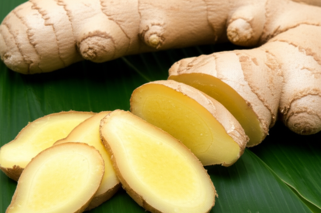 Raiz de gengibre fresco com folhas verdes e fatias, simbolizando os benefícios para a saúde e imunidade.