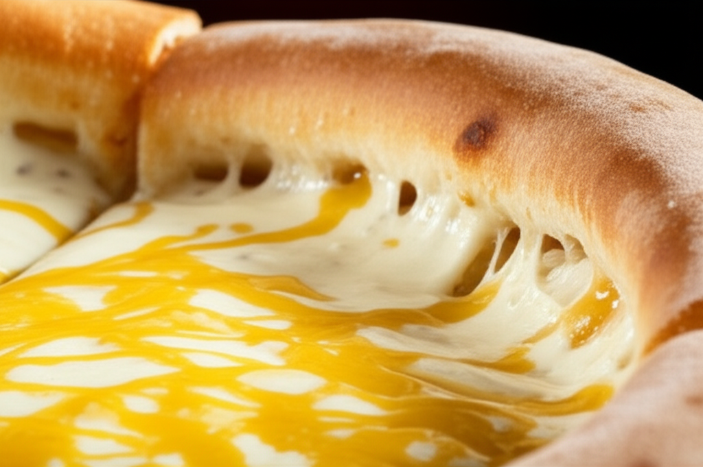 Close-up de uma fatia de pizza da Big Borda com a borda recheada em destaque, mostrando o queijo derretido e a massa crocante.