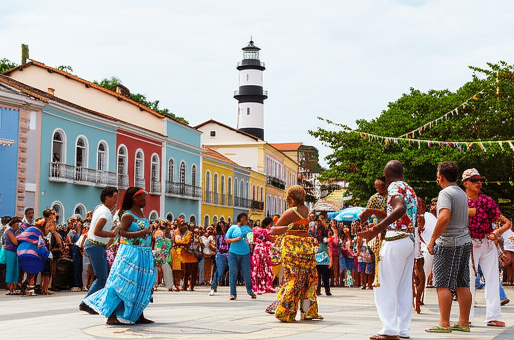 Cena cultural em Itacaré com o farol ao fundo Uma cena cultural vibrante em Itacaré, com pessoas dançando capoeira ou forró em uma praça, e o Farol de Itacaré sutilmente visível ao fundo, conectando a cultura local ao marco histórico.