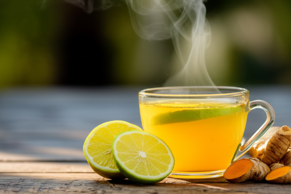 Uma xícara fumegante de chá de cúrcuma e gengibre, com rodelas de limão e um pedaço de raiz de cúrcuma ao lado, em um cenário acolhedor.