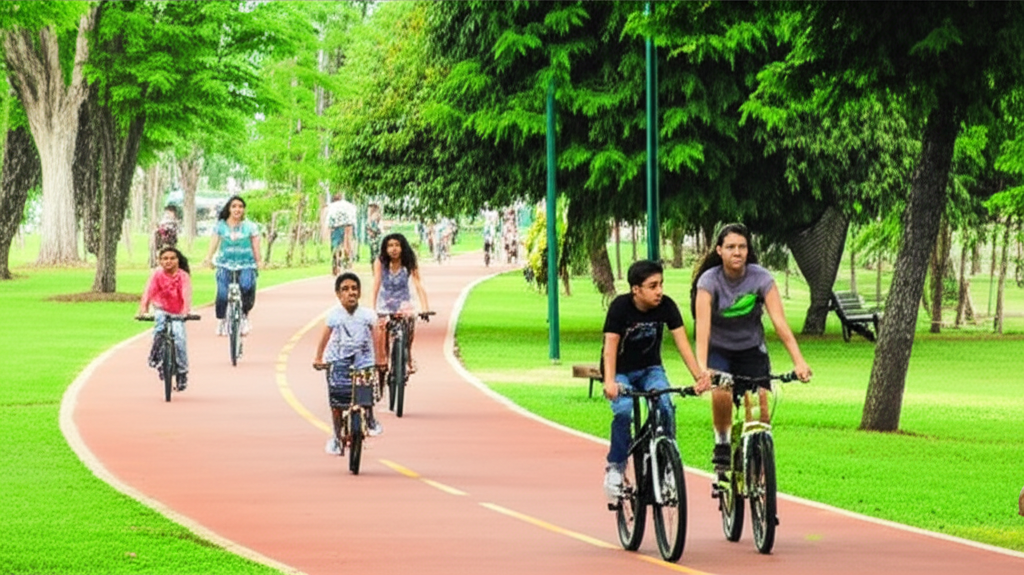Ciclovia moderna e verde em Sorocaba, com pessoas pedalando e caminhando em um parque ensolarado.