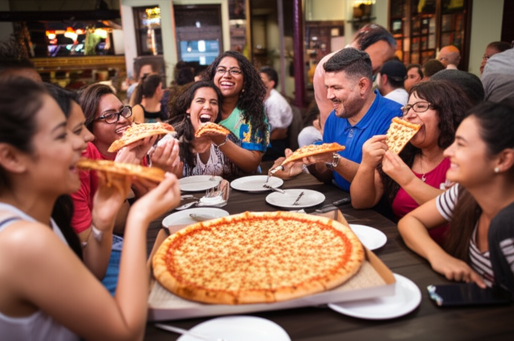 Grupo de amigos e famílias rindo e compartilhando pizzas da Big Borda em um ambiente acolhedor, com foco na alegria e satisfação.
