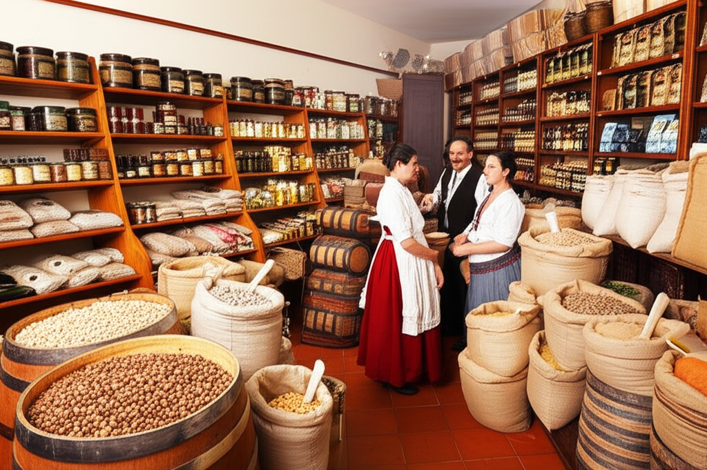 Interior de um armazém antigo em Sorocaba, gerenciado por imigrantes espanhóis, com prateleiras cheias de produtos e um atendimento acolhedor.