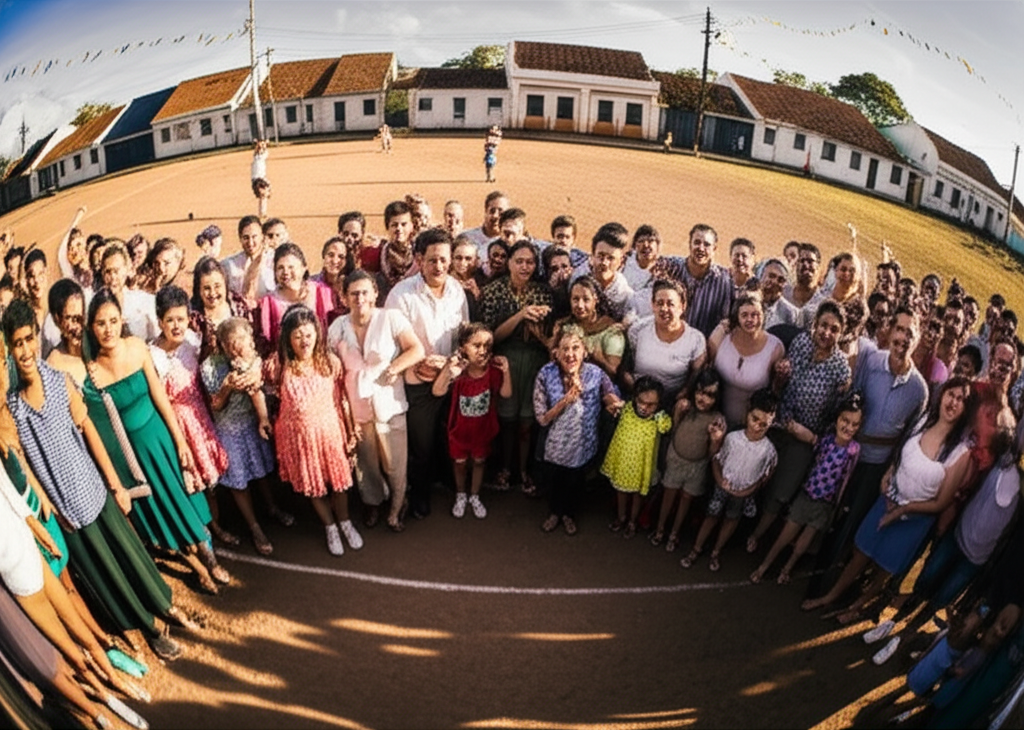 Multidão de pessoas, incluindo famílias e crianças, reunidas ao redor de um campo de futebol de bairro em Sorocaba nos anos 1930, demonstrando a união e a paixão comunitária pelo esporte, evocando o ambiente do Campo do Barcelona.