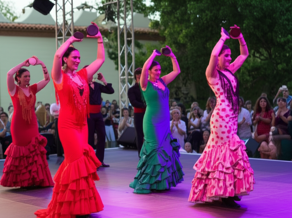 Grupo dançarinos trajes coloridos realizando uma apaixonada um palco ao ar livre sorocaba, com público fundo