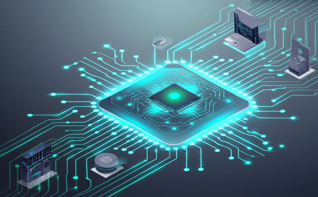 Representação visual da sincronia entre Edge Computing e Inteligência Artificial, com dados fluindo rapidamente entre dispositivos de borda e um cérebro de IA centralizado.