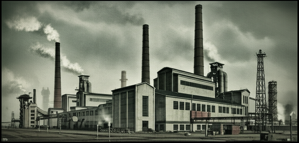 Ilustração de uma fábrica na Alemanha durante a Segunda Guerra Mundial, com um ambiente industrial sombrio, fumaça saindo das chaminés e um céu nublado, simbolizando a escassez e os desafios da época.