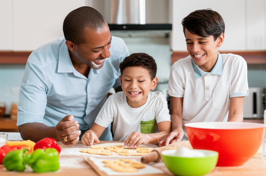Pai e filhos (criança e adolescente) sorrindo e se divertindo enquanto preparam uma receita na cozinha, com ingredientes espalhados na bancada, transmitindo um ambiente de união e alegria.