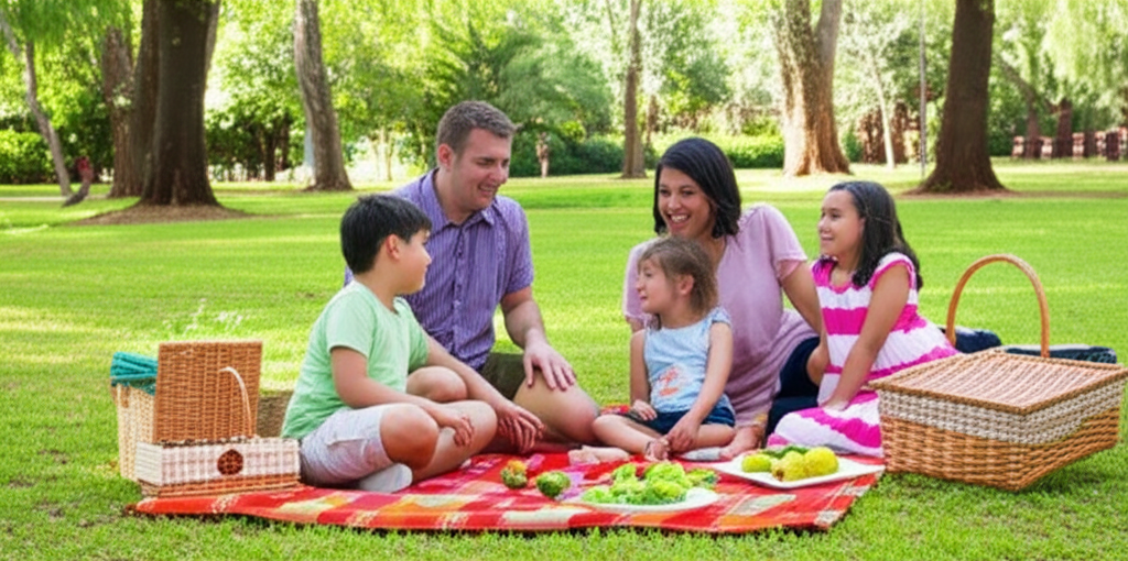 Família feliz, pais e filhos, um em uma gramada arborizada sorocaba.