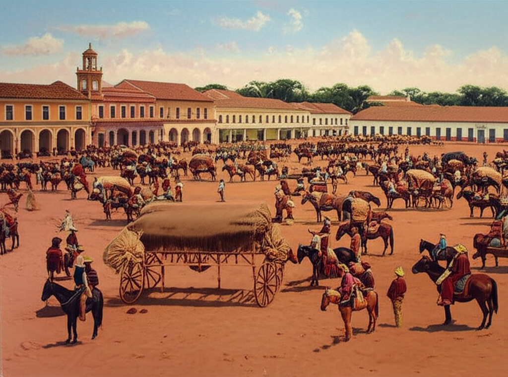 Pintura a óleo realista da Feira de Muares de Sorocaba no século XIX, com tropeiros negociando mulas em uma praça movimentada.