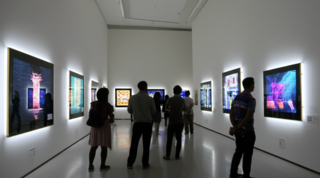 Uma galeria de arte moderna e minimalista, com diversas obras de arte digital geradas por IA expostas em telas luminosas, sendo observadas por visitantes.