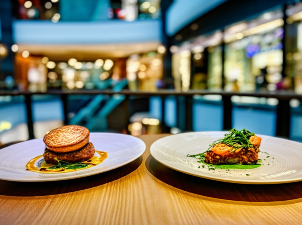 Pratos gourmet servidos em um restaurante sofisticado dentro de um shopping em Sorocaba, com o ambiente do shopping desfocado ao fundo.