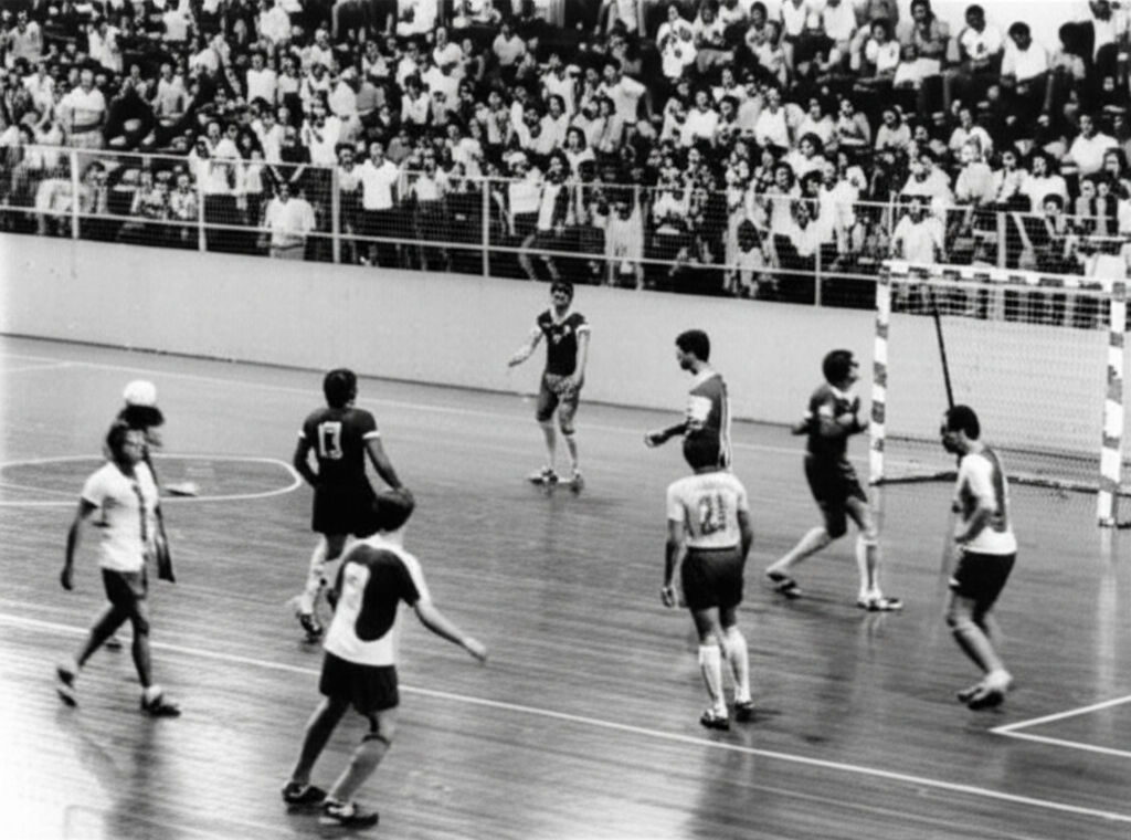 Ação de um jogo de futsal antigo, em preto e branco, no Ginásio de Sorocaba, com a torcida vibrando intensamente nas arquibancadas.