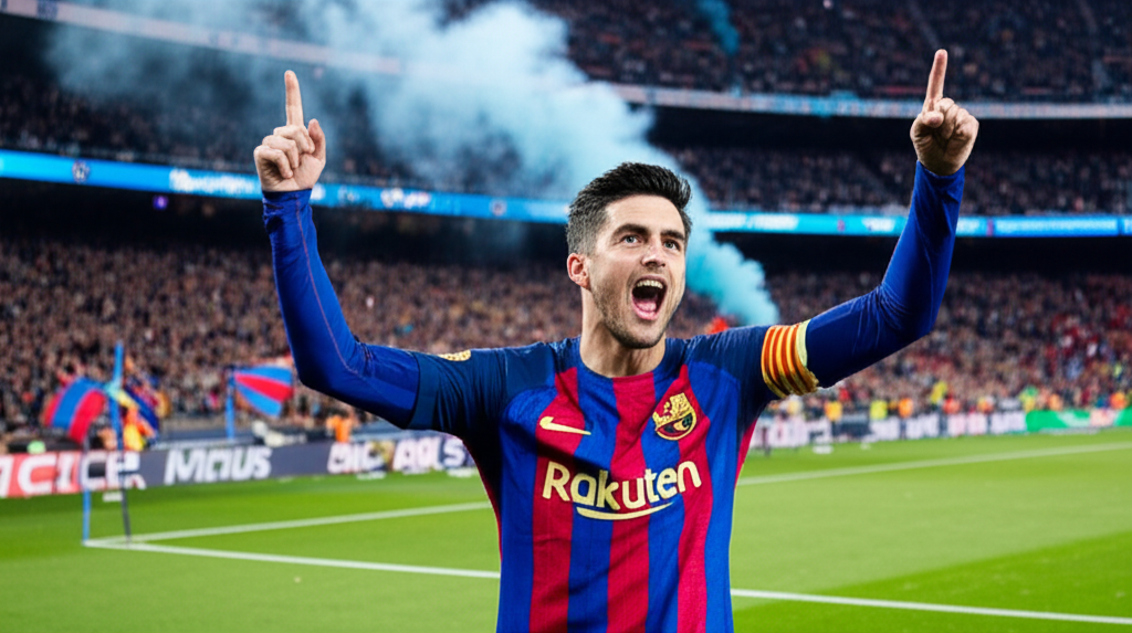 Jogador do Atlético Barcelona comemorando um gol decisivo em um campo de futebol lotado, com a torcida em êxtase.