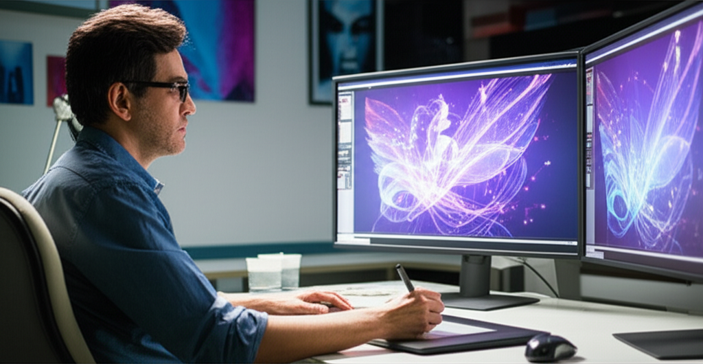 Um artista humano sentado em frente a um computador, trabalhando em uma tela digital, enquanto uma representação visual da IA (luzes e formas abstratas) interage com a obra, simbolizando a colaboração.