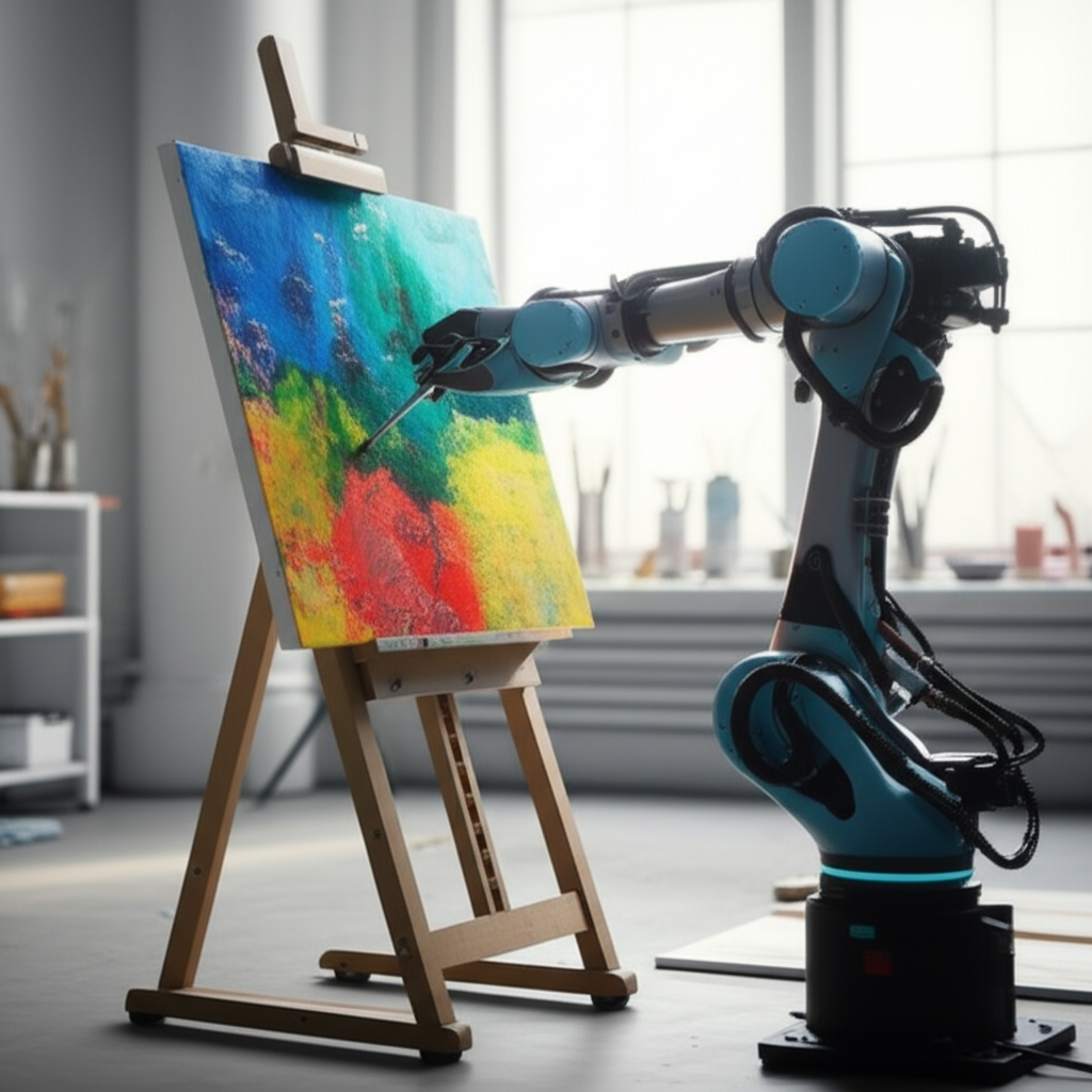 Um braço robótico com um pincel, pintando um quadro abstrato e colorido em uma tela, em um estúdio de arte moderno, simbolizando a IA como artista.