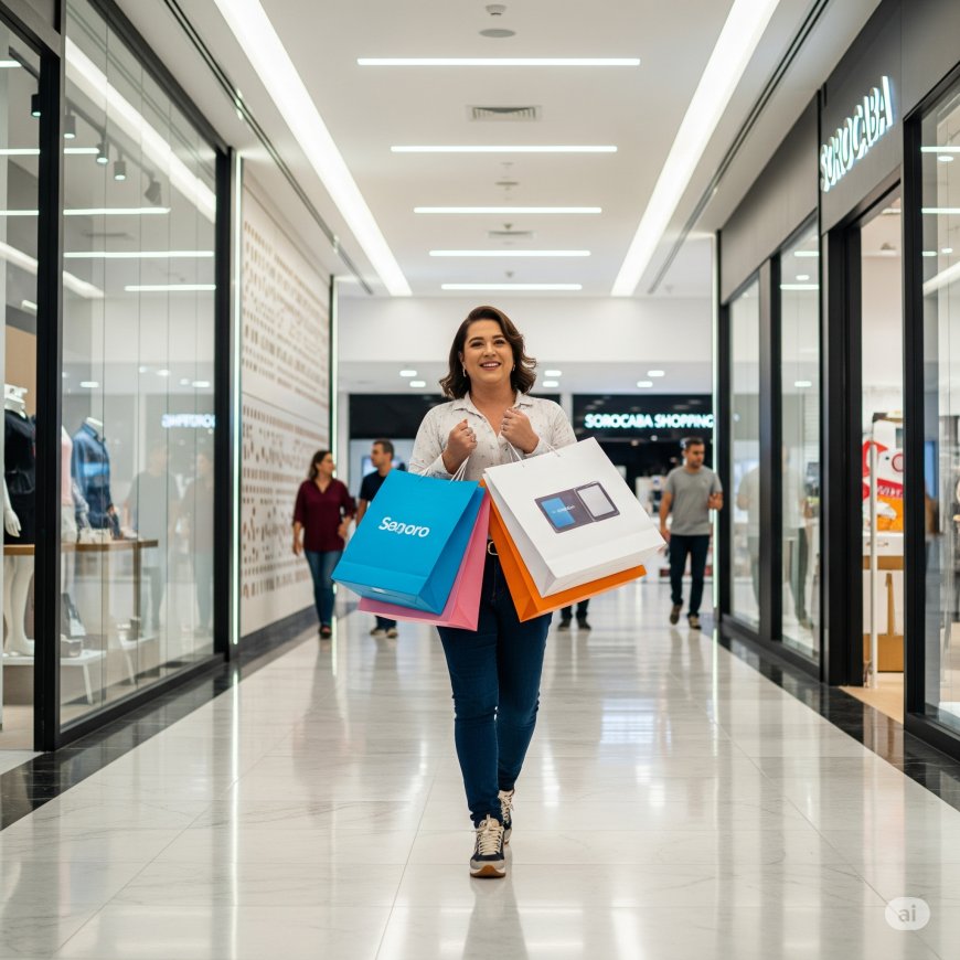 Uma pessoa sorridente segurando sacolas de compras em um corredor de shopping moderno e bem iluminado em Sorocaba, simbolizando uma experiência de compra positiva.
