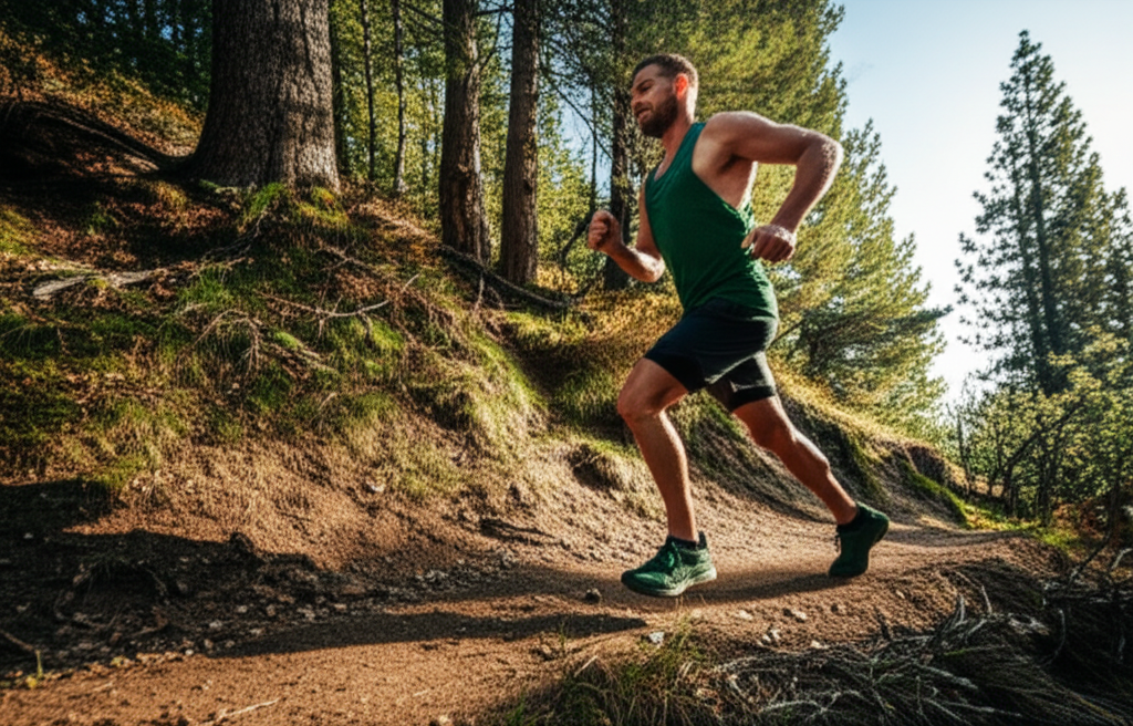 Atleta correndo em trilha de montanha com vigor