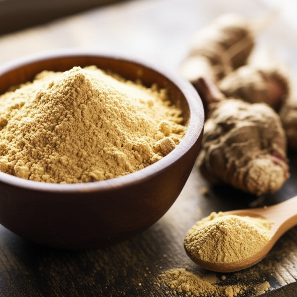 Pó de Maca Peruana em tigela de madeira com raízes frescas