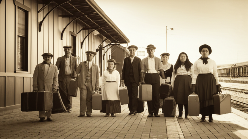 Foto antiga sépia uma família espanhóis com malas e roupas simples, a estação trem xx