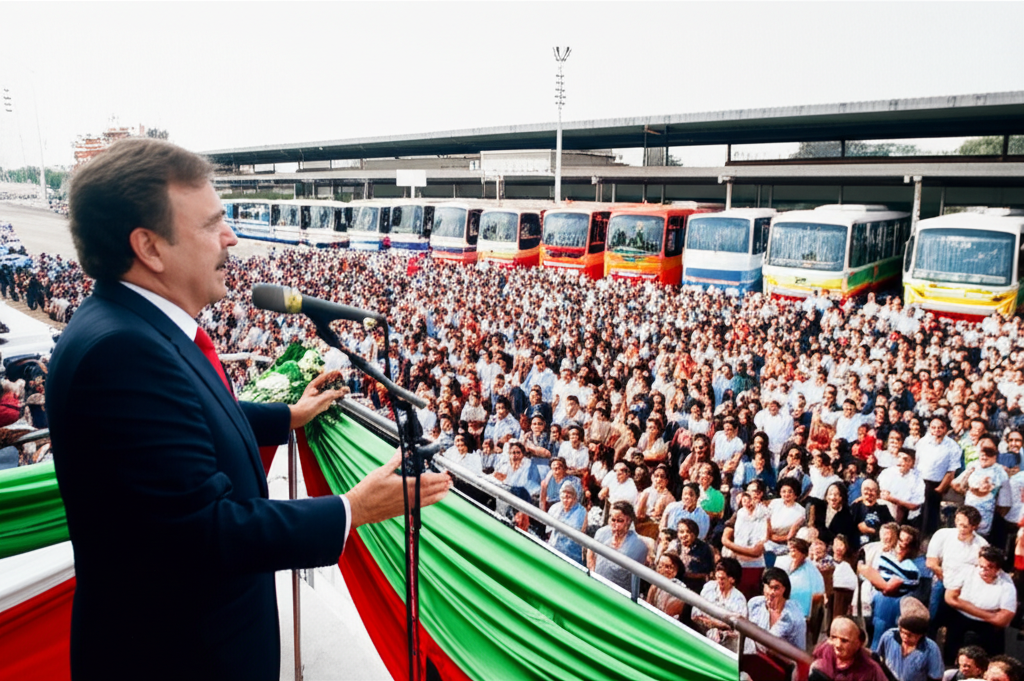 Foto histórica da cerimônia de inauguração do Terminal São Paulo em Sorocaba em 1991, com o prefeito Paulo Francisco Mendes discursando para uma multidão animada e ônibus novos estacionados.