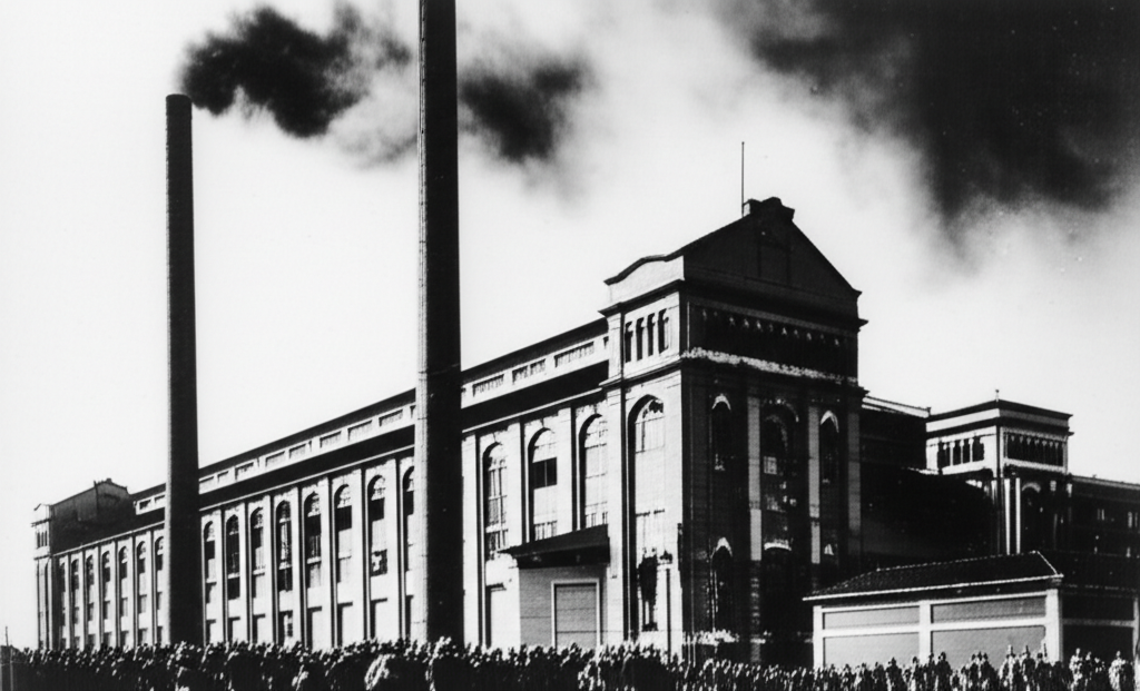 Foto em preto e branco estilizada de operários saindo de uma grandiosa fábrica têxtil em Sorocaba, por volta de 1920.
