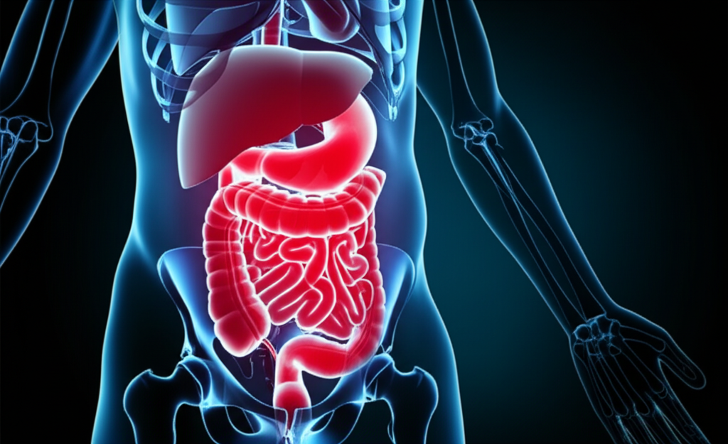 Representação artística da inflamação silenciosa no corpo humano, com pequenas chamas azuis e vermelhas espalhadas.