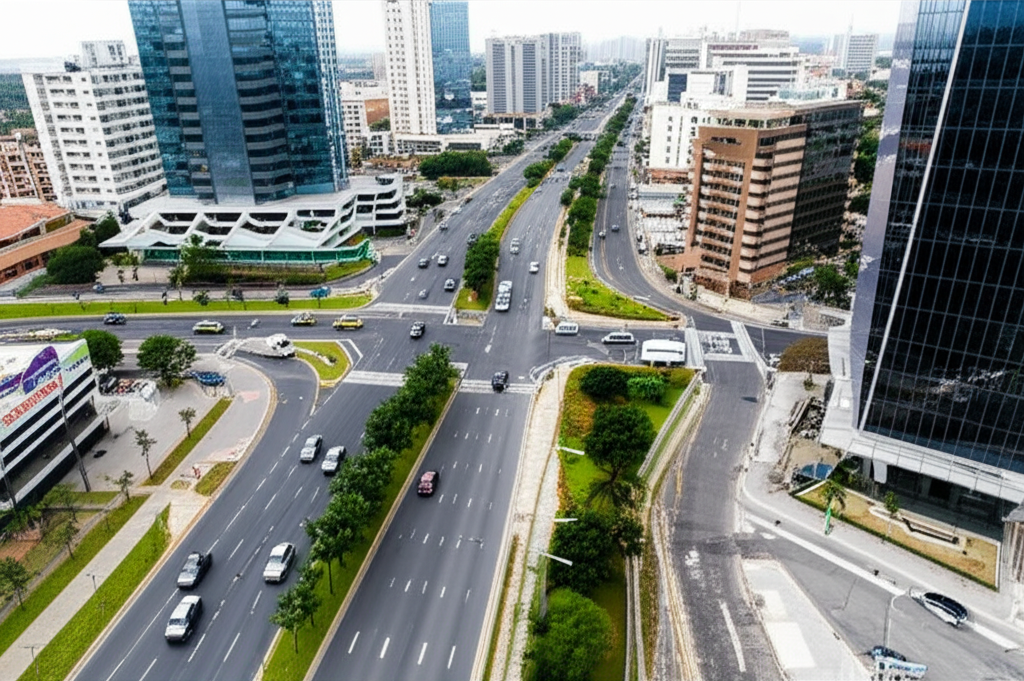 Interseção urbana moderna e organizada em Sorocaba, com tráfego fluindo e arquitetura contemporânea ao redor.