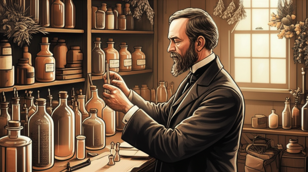Ilustração de John Pemberton, um farmacêutico do século XIX, em seu laboratório, misturando ingredientes em frascos de vidro, com uma expressão concentrada. O ambiente é rústico, com prateleiras cheias de ervas e equipamentos antigos.