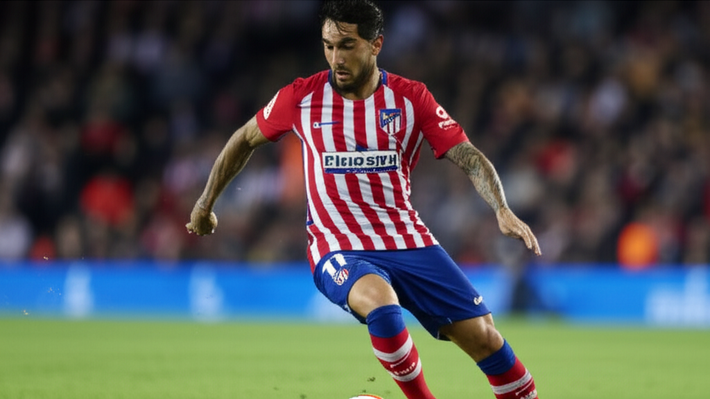 Close-up de um jogador lendário do Atlético Barcelona em campo, driblando com habilidade, com o estádio ao fundo.