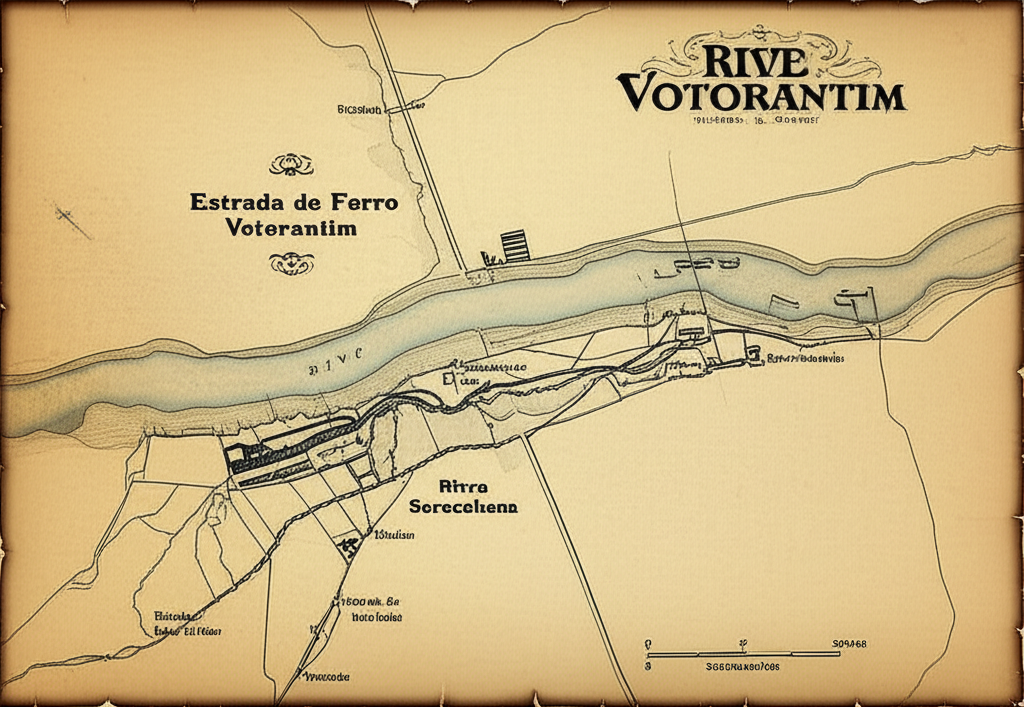 Mapa antigo estilizado mostrando a rede logística de Votorantim, com a E.F.V. conectando as fábricas ao longo do Rio Sorocaba à linha principal da Sorocabana.