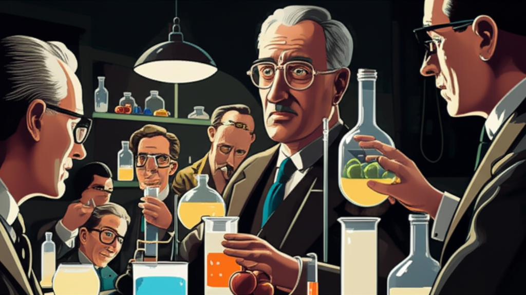 Ilustração de Max Keith, um homem de negócios do século XX, em um laboratório improvisado na Alemanha durante a guerra, com sua equipe experimentando ingredientes para criar uma nova bebida. O ambiente é de escassez, mas com foco na inovação.
