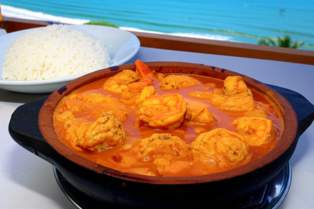 Moqueca Capixaba de camarão servida em uma tradicional panela de barro, com arroz e pirão, em um cenário de praia ao fundo.
