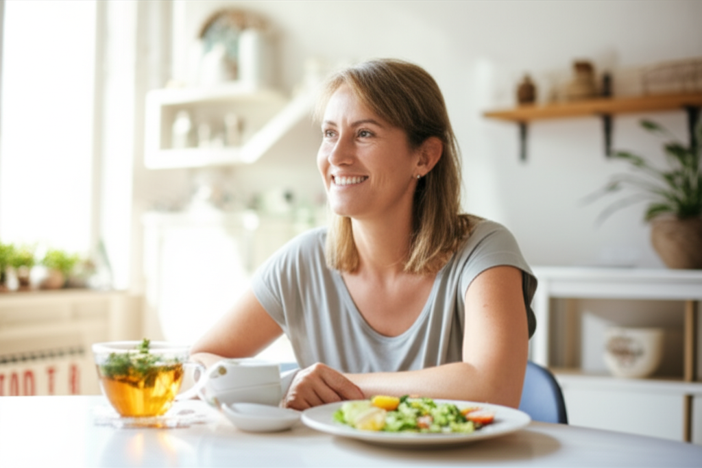 Mulher sorrindo e relaxada após uma refeição, simbolizando uma digestão saudável e sem desconforto.