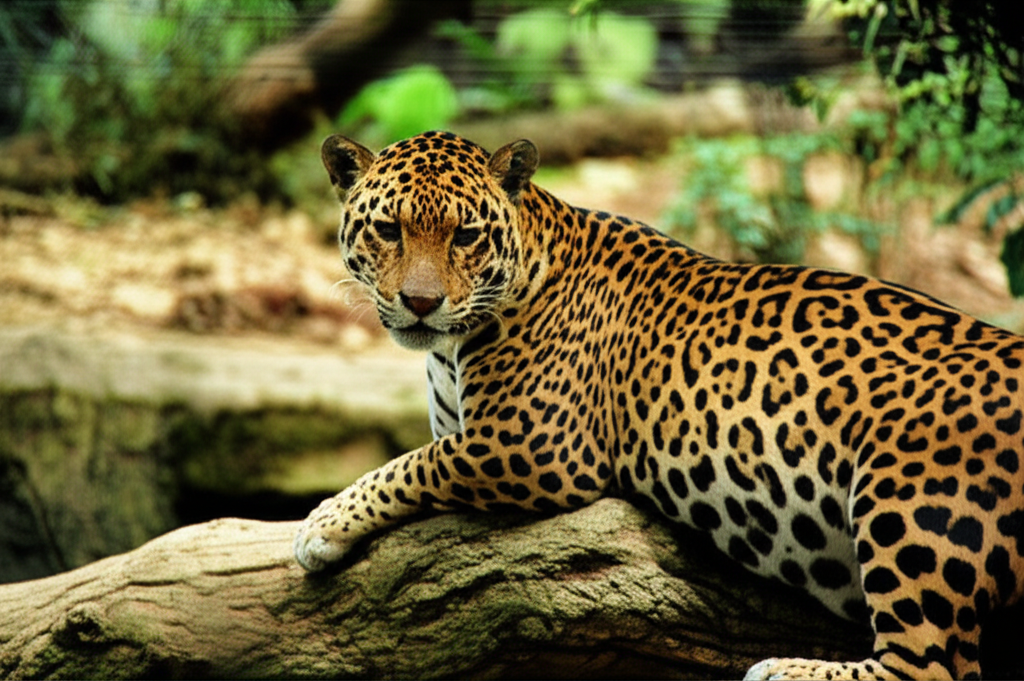 Uma onça-pintada com sua pelagem característica, deitada em um galho de árvore, com um olhar penetrante e atento para o ambiente, em seu recinto no Zoológico Quinzinho de Barros.