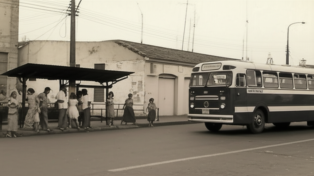 Foto antiga, em preto e branco, de um ônibus de transporte público em uma rua movimentada de Sorocaba, com pessoas esperando em um ponto simples, antes da era dos terminais.