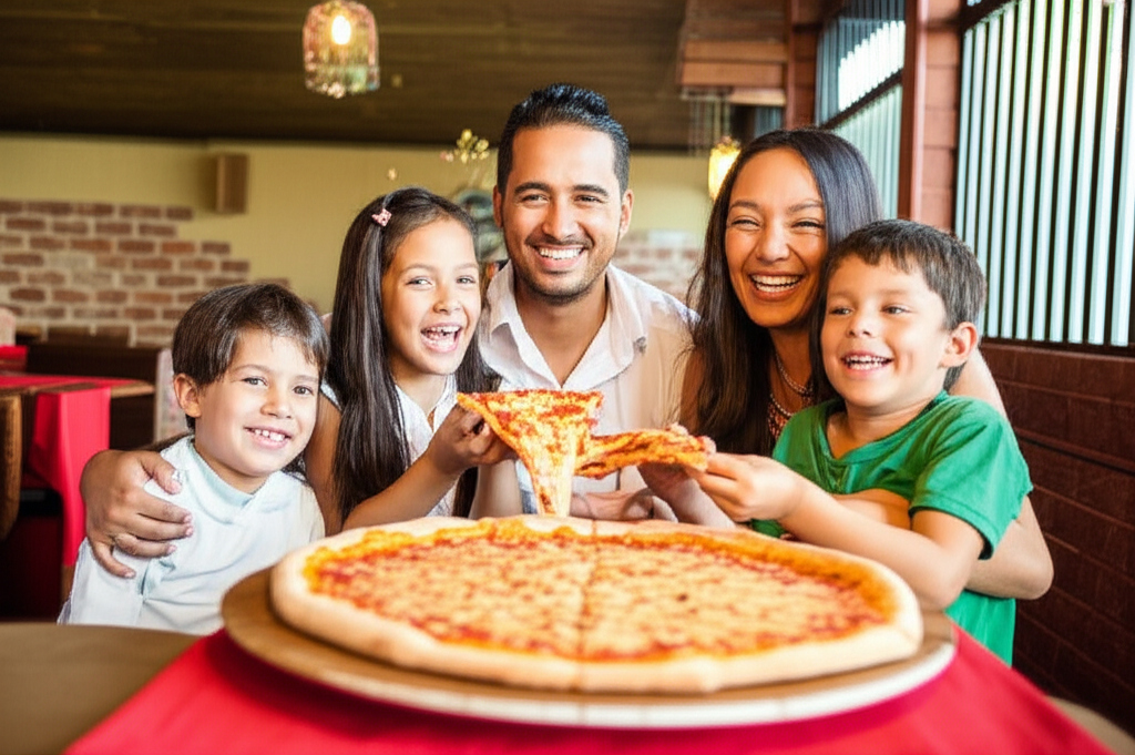 Família feliz com crianças compartilhando uma pizza grande em uma pizzaria com ambiente casual e iluminado.