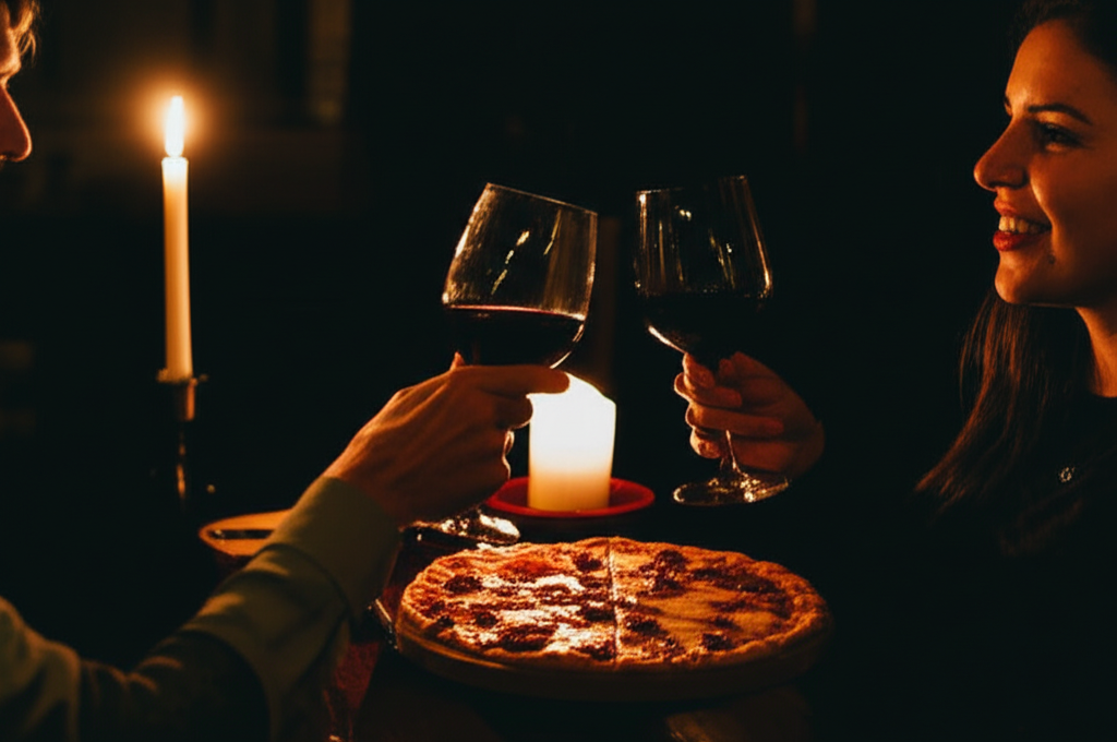 Casal brindando com vinho em uma pizzaria romântica e aconchegante em Sorocaba.