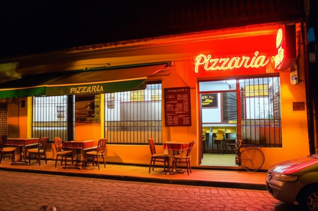 Fachada de uma pizzaria de bairro tradicional em Sorocaba à noite, com luzes quentes e ambiente acolhedor.