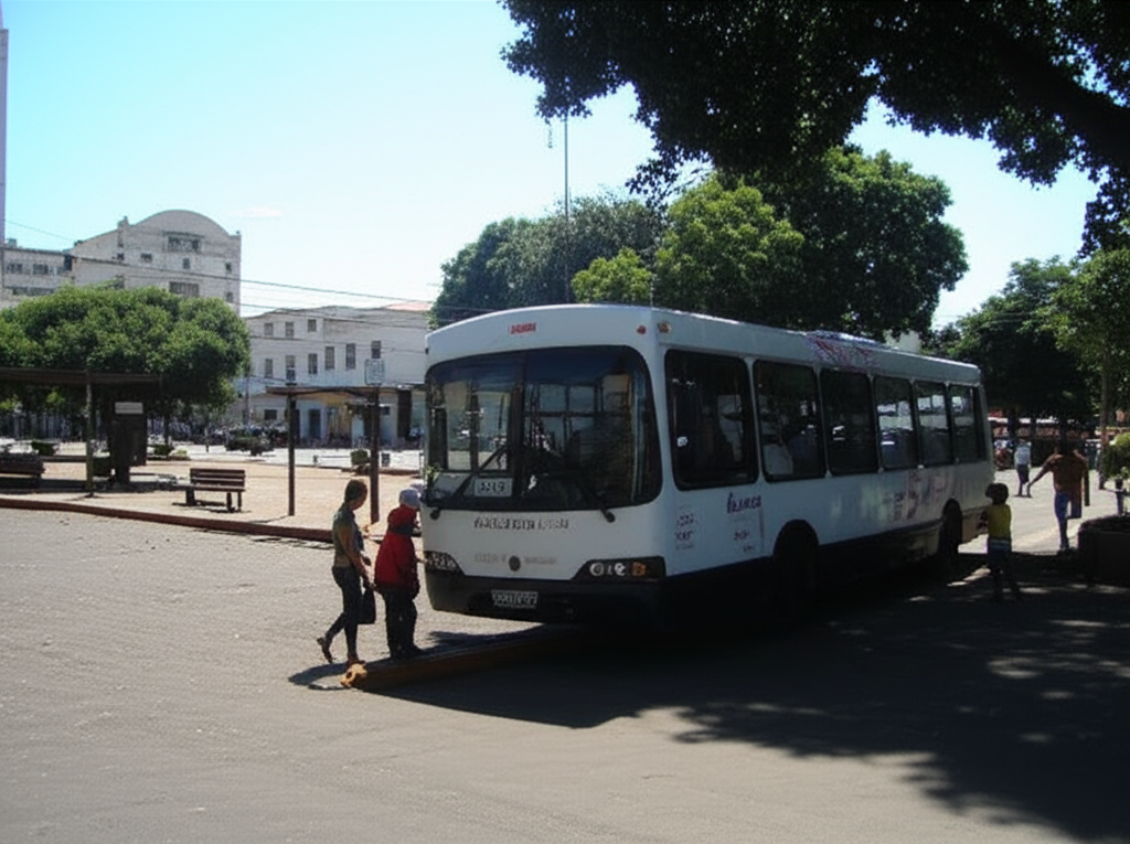 Um ônibus moderno da linha Vila Hortência parado em seu ponto final em Sorocaba, com pessoas embarcando e desembarcando, e o comércio local ao fundo, transmitindo a rotina urbana.