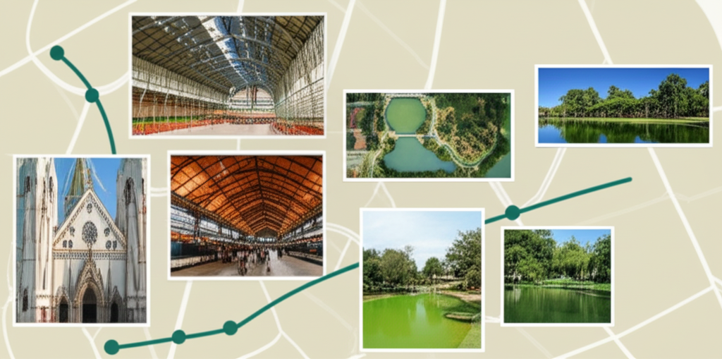 Uma colagem de imagens mostrando diversos pontos turísticos e locais de interesse de Sorocaba, como o Mercado Municipal, a Catedral e o Parque das Águas, simbolizando a acessibilidade via transporte público.