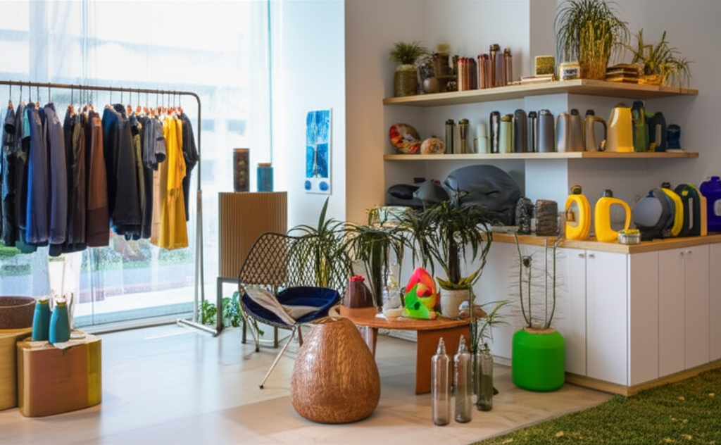 Uma variedade de produtos inovadores feitos de plástico reciclado, como móveis de jardim, garrafas, e componentes automotivos, dispostos em um ambiente moderno e sustentável.
