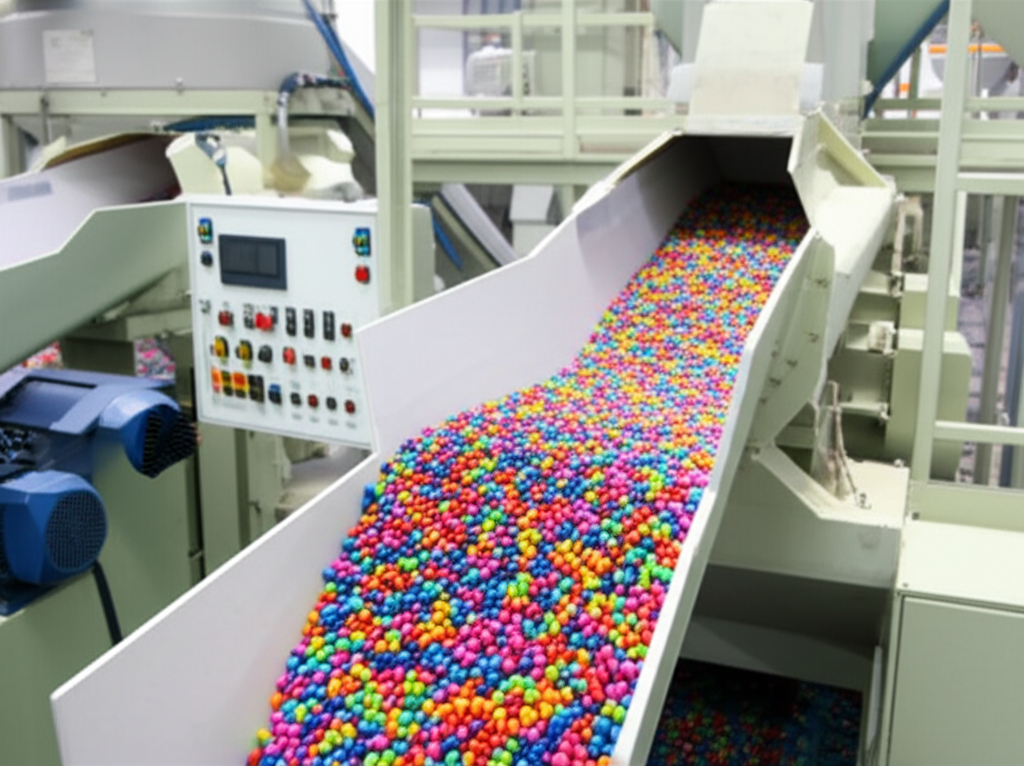 Máquinas industriais em operação, transformando flocos de plástico em pequenos grânulos (pellets) coloridos, prontos para serem reutilizados como matéria-prima.