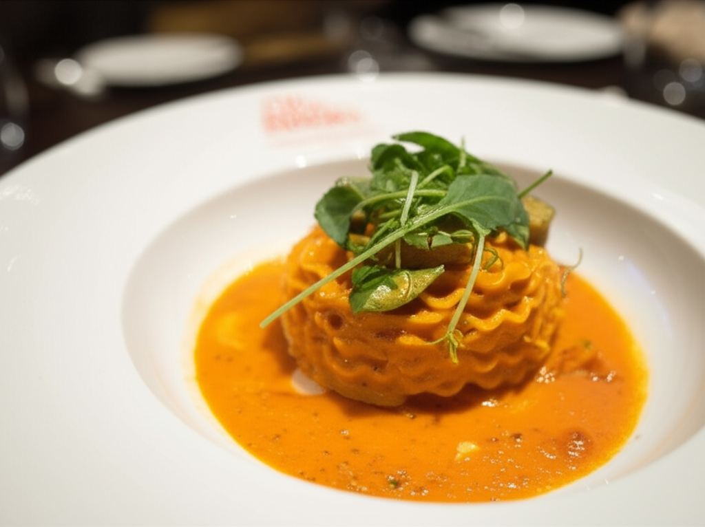 Prato de massa artesanal servido em um restaurante sofisticado dentro de um shopping, simbolizando a experiência gourmet.