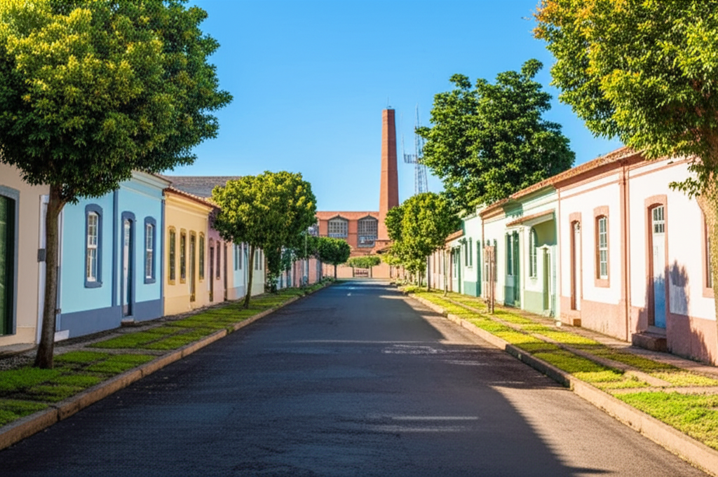Uma rua histórica em Votorantim, com antigas casas operárias bem preservadas e um edifício industrial restaurado ao fundo, mostrando a integração do legado industrial.
