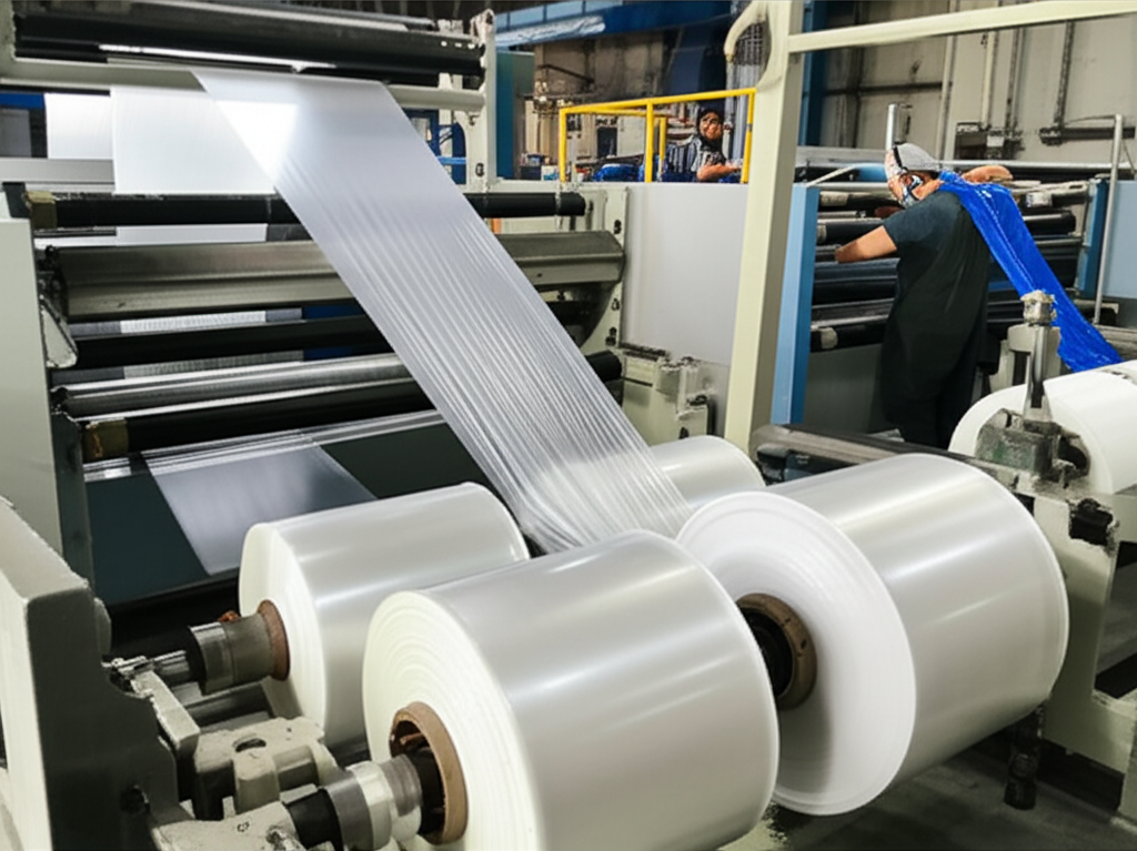Máquinas transformando plástico reciclado em sacos de lixo sustentáveis em uma fábrica moderna.