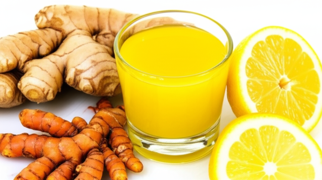 Pequeno copo de shot com líquido amarelo vibrante, fatias de gengibre e limão ao fundo, simbolizando um impulso de imunidade.